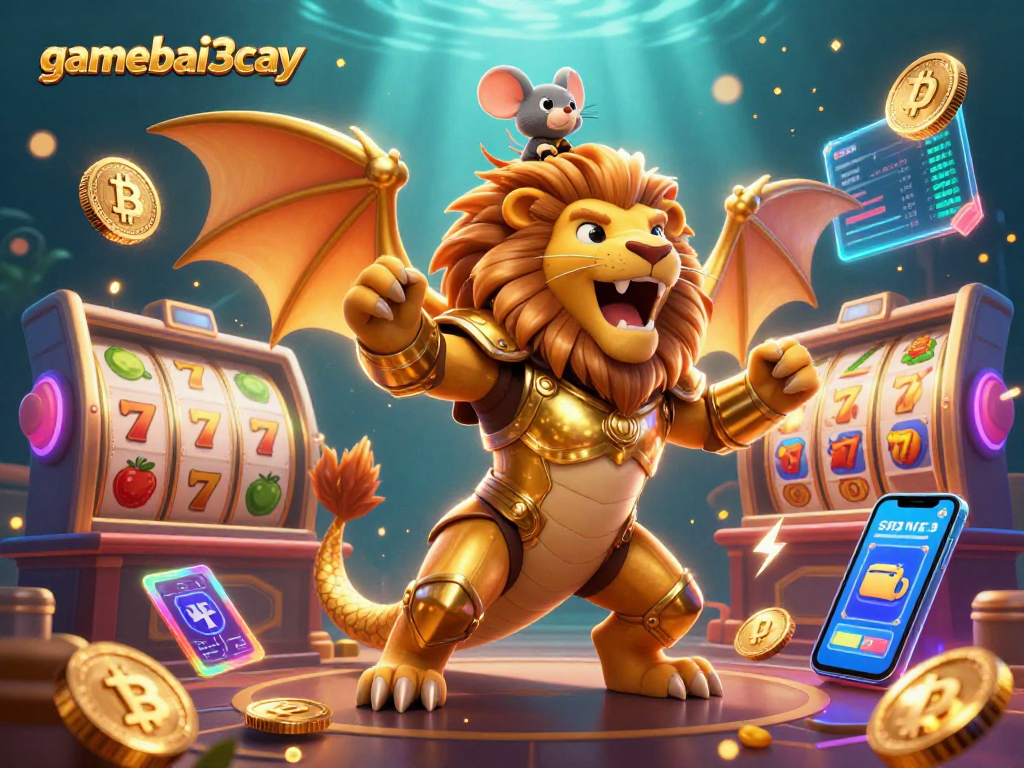 Engaging casino scene showcasing gamebai3cay with a roaring chimera and vibrant slot machines.