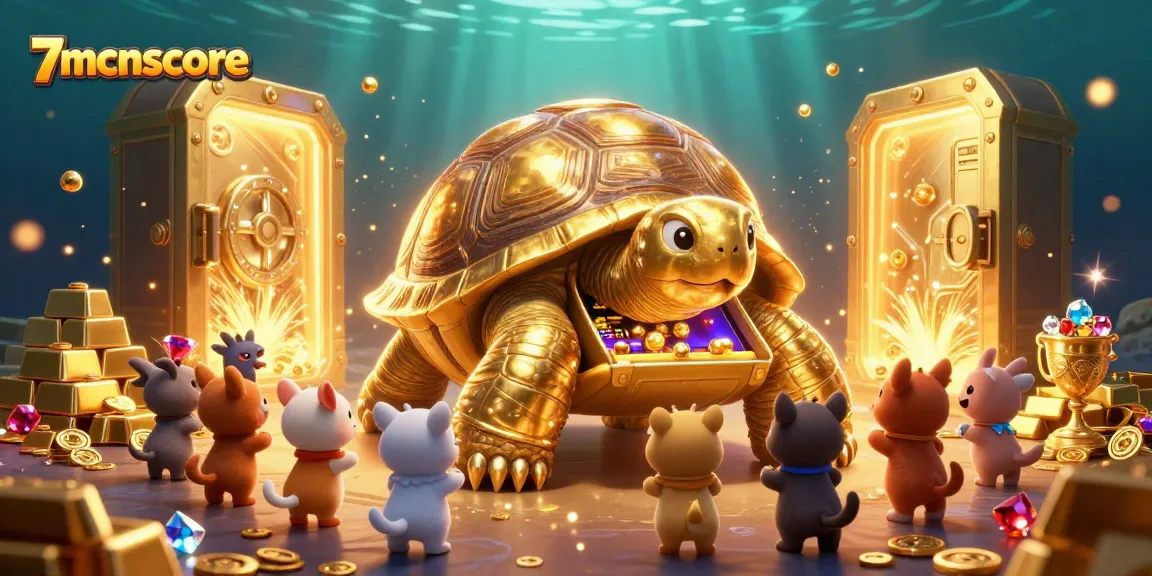 Experience excitement at 7mcnscore with a golden tortoise pinball machine surrounded by treasure