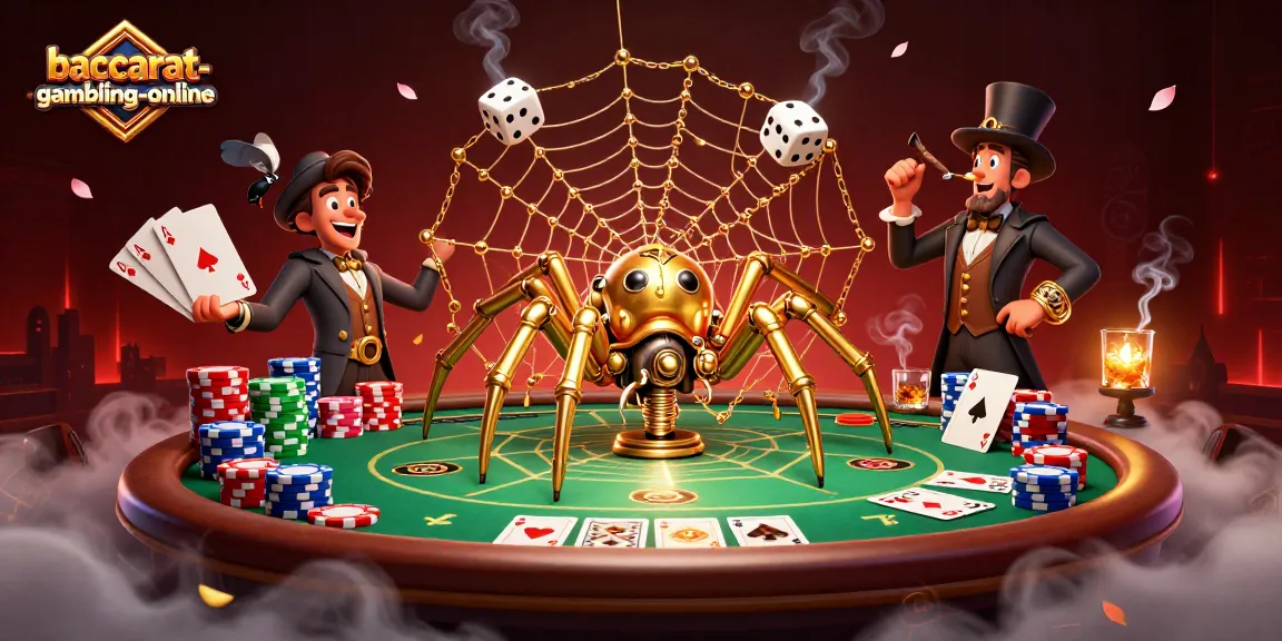 Engage in thrilling baccarat action at baccarat-gambling-online with a steampunk spider and poker elements.