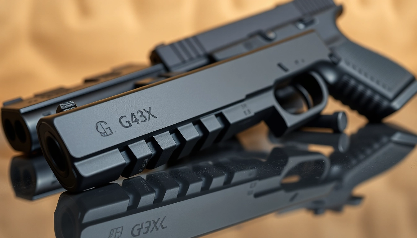 Showcasing a glock 43x slide with detailed texture and finish on a reflective surface.