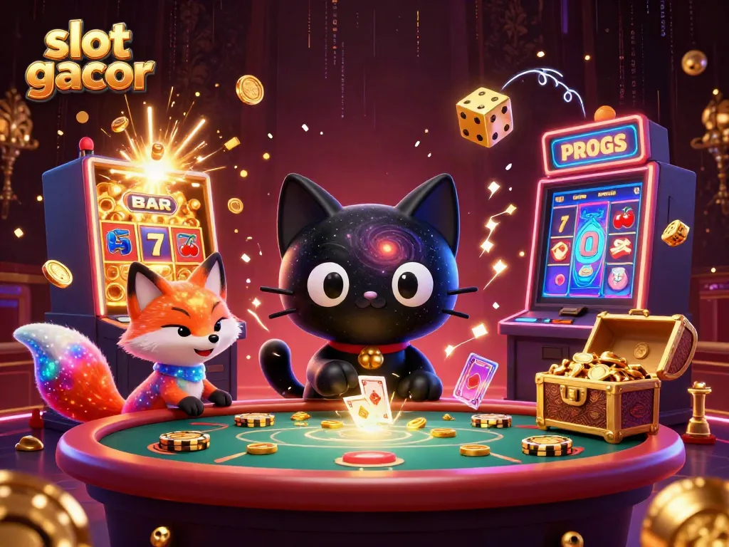 Experience the thrill of slot gacor with a captivating cosmic casino scene, featuring playful 3D characters and dynamic slot elements.