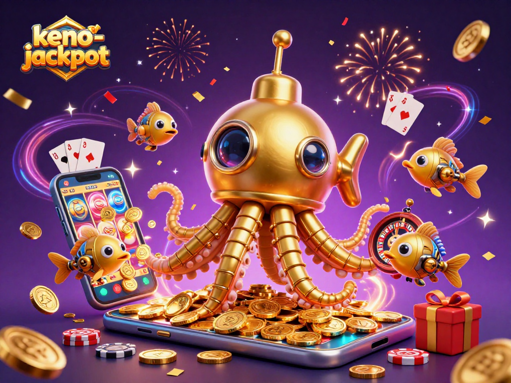 Experience keno-jackpot thrills with a golden kraken submarine among coins and exciting game elements.