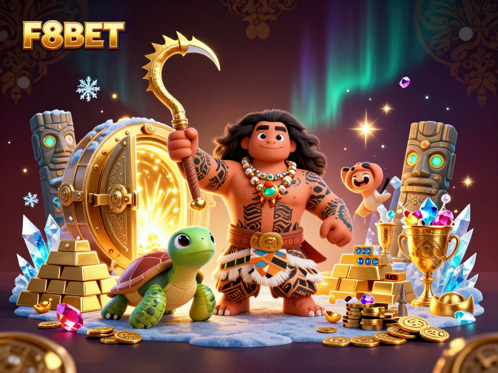 Experience winning strategies at F8BET with this vibrant casino-themed illustration featuring gold treasures.