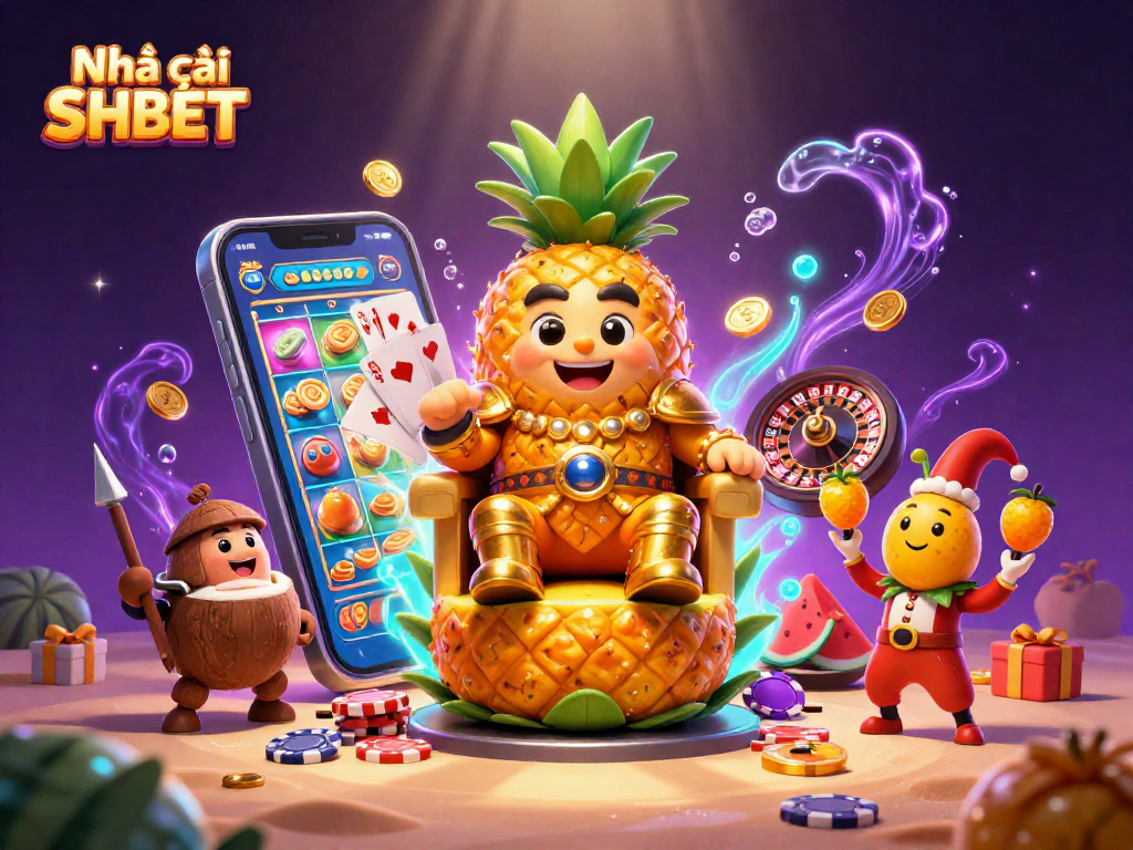 Engaging illustration of Nhà cái SHBET featuring a golden pineapple king with casino-themed elements, showcasing vibrant gameplay.