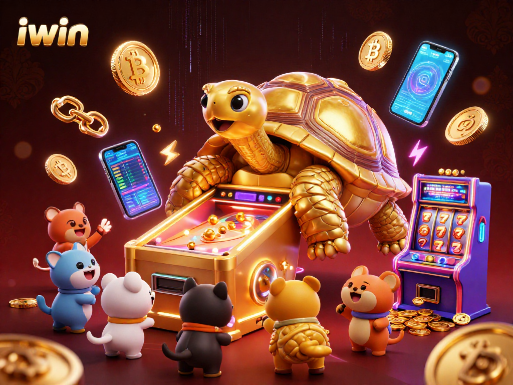 Play the iwin slots adventure with a colossal tortoise and crypto visuals in a vibrant casino scene.