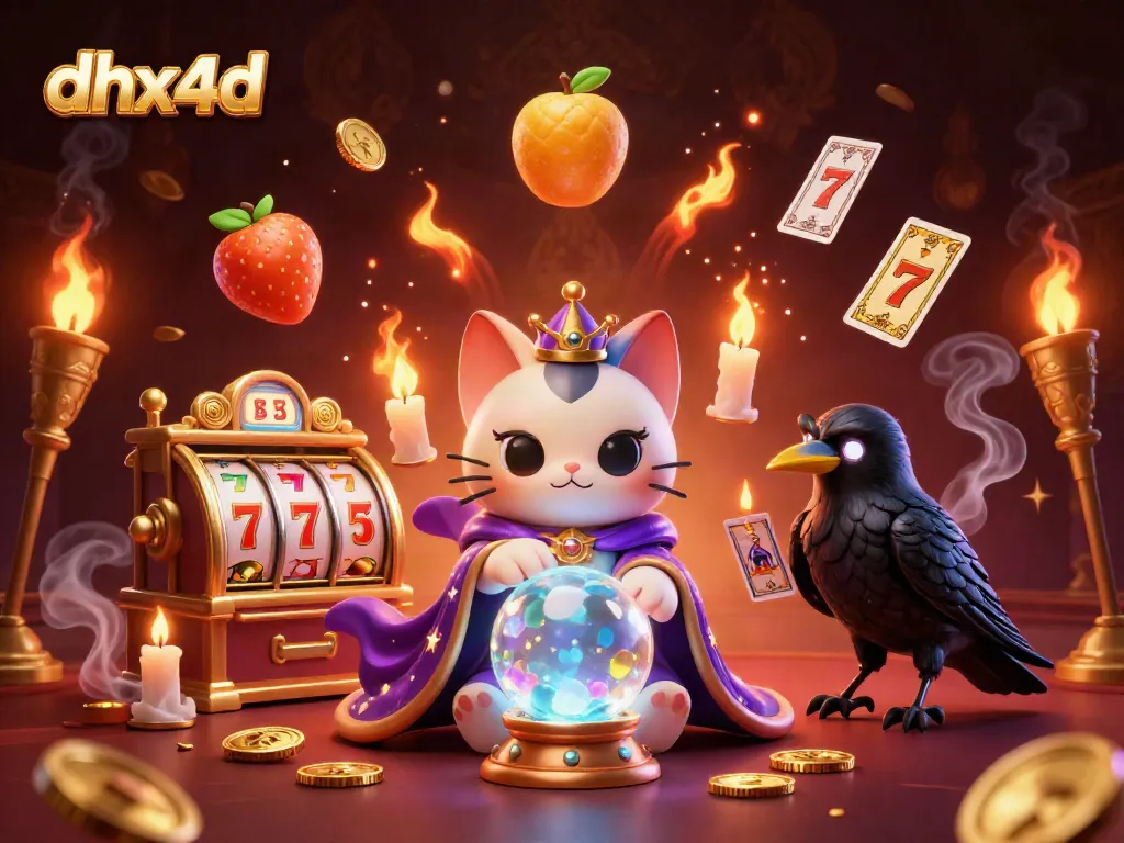 dhx4d menampilkan kucing mistik dan burung gagak di kasino dengan simbol slot dan jackpot yang dinamis