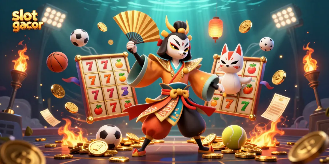 Engage with slot gacor at vibrant 3D casino scene showcasing lucky symbols, warriors, and winning moments.
