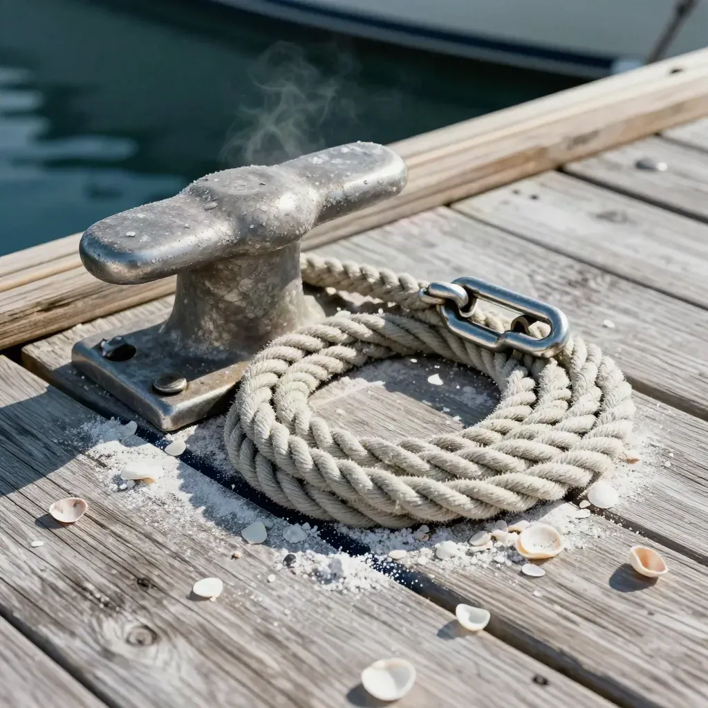 Marine cleat, coiled rope, shackle, and shell fragments on weathered pale wood