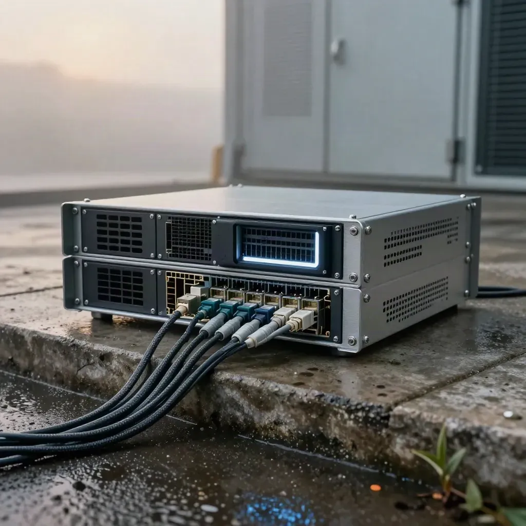 Modular rack server hardware on rain-darkened concrete with fog and braided fiber loops