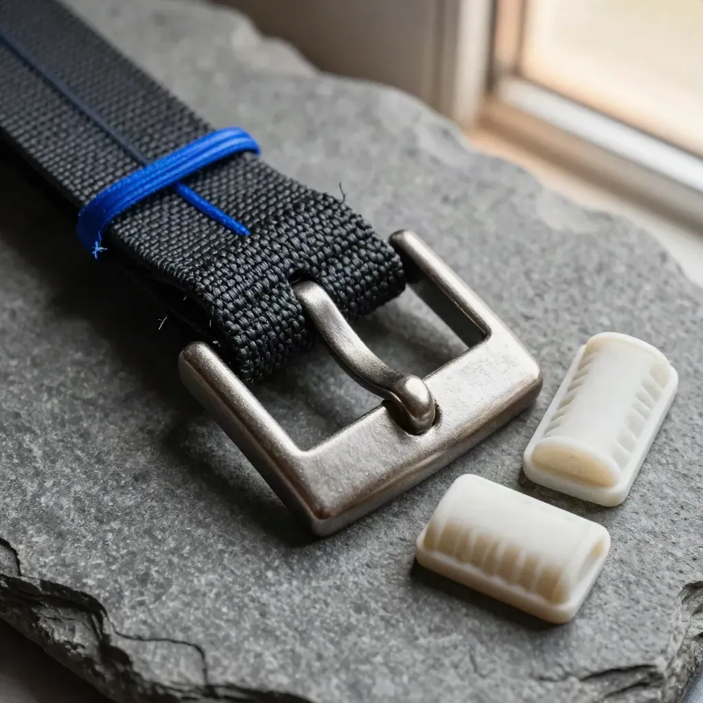 Top-down macro of a cargo-seal buckle, strap end, and corner protectors on cool stone.