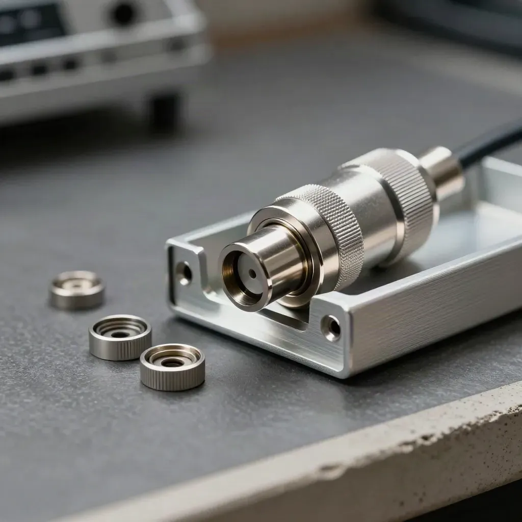 Fiber patch plug beside a transceiver tray and dust caps on a graphite workbench