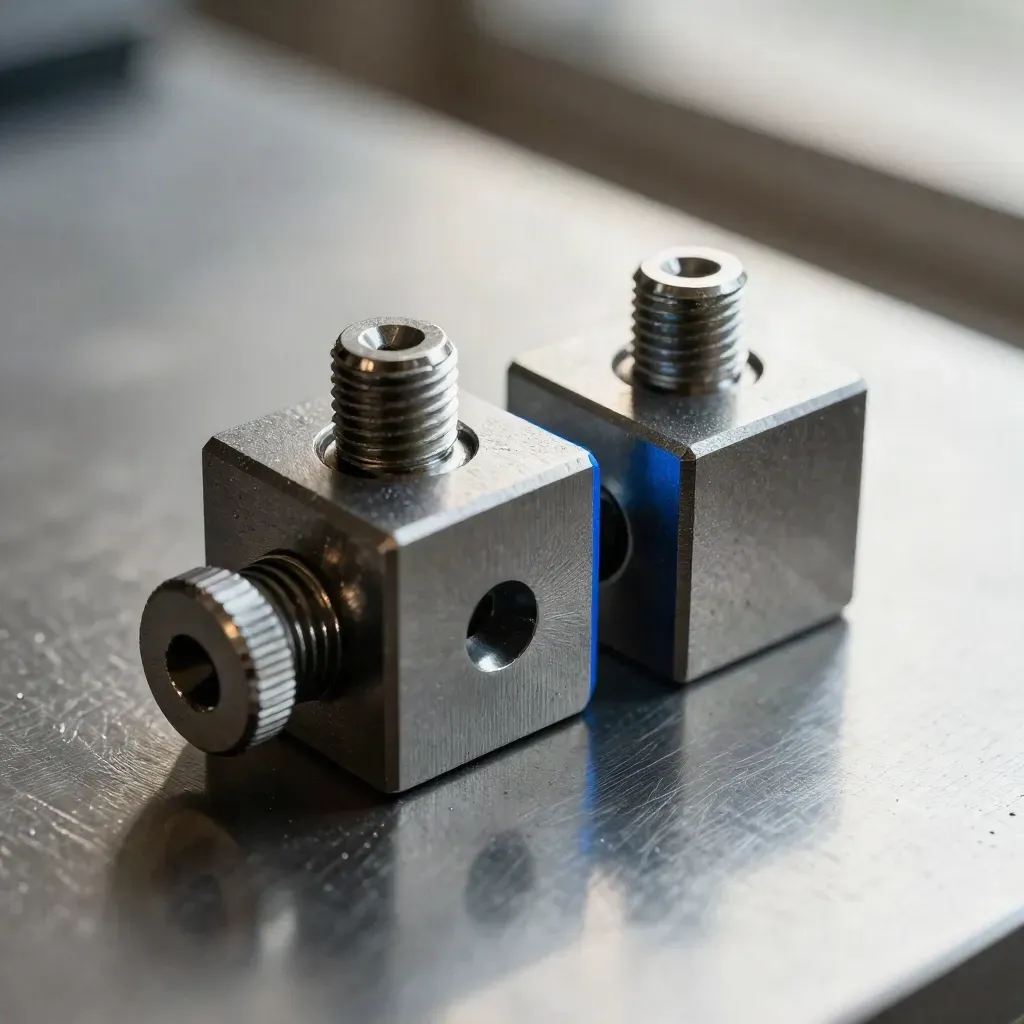 Overhead macro of spacer cubes and knurled screws aligned on brushed steel with blue accent.