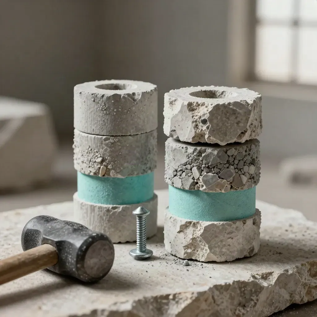 Core samples, anchor bolt, spacers and mallet head on stone in dramatic quarry-dust light.