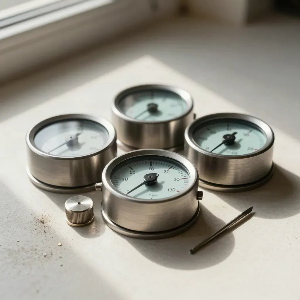 Four brushed-metal gauges with calibration puck and needle tool on pale plaster, soft aqua accent