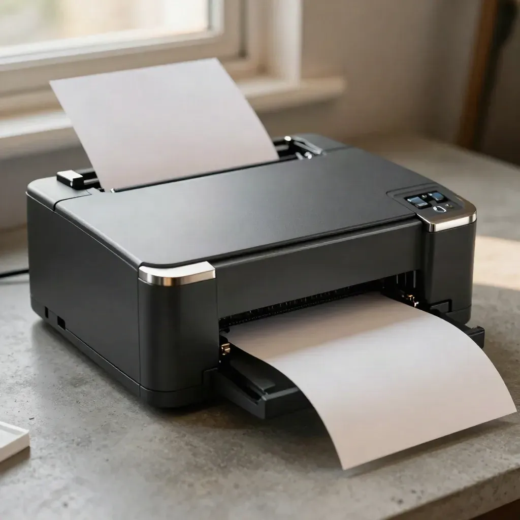 Compact thermal printer, timing relay, and paper tray on a graphite surface.