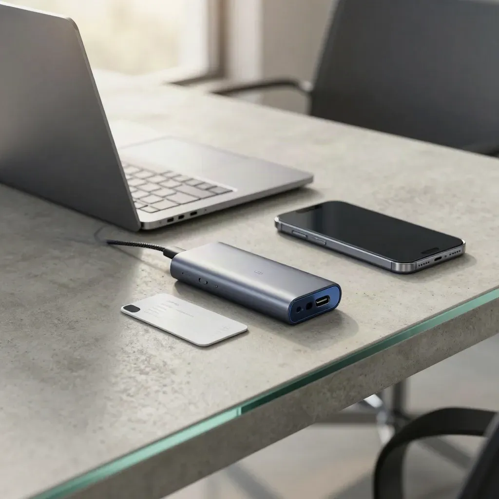 Closed laptop, dock, phone, and keycard behind frosted glass on a concrete ledge