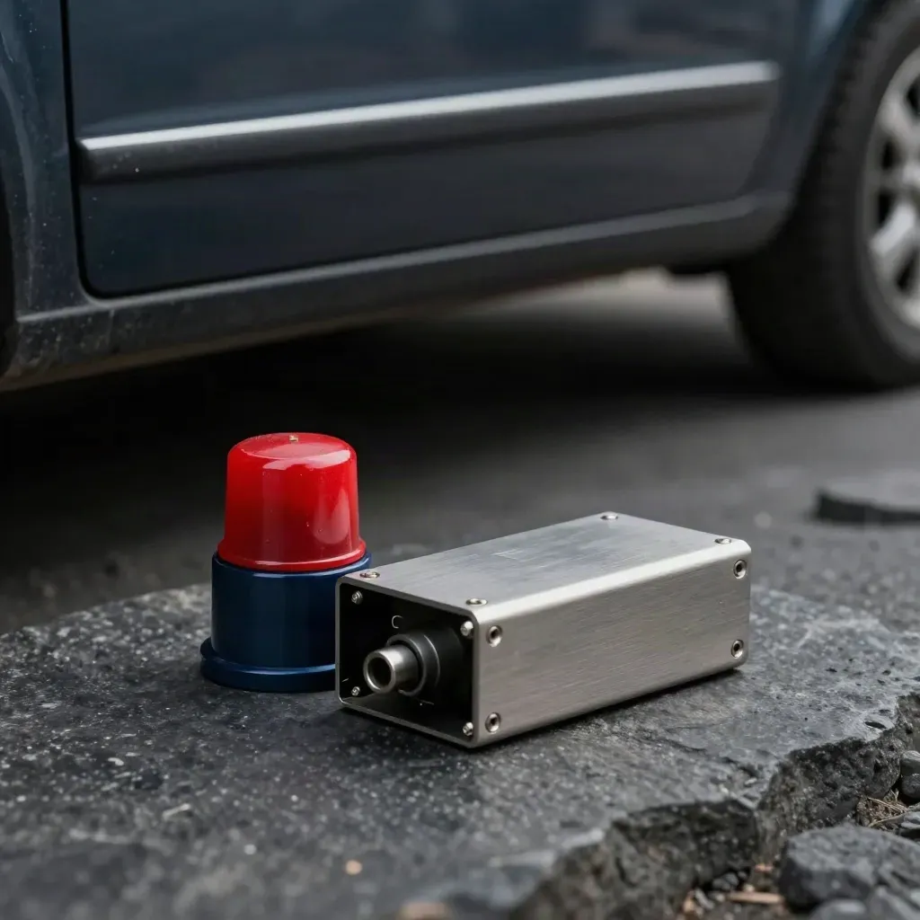 Safety relay, e-stop cap, and signal module on graphite stone in dramatic close-up.