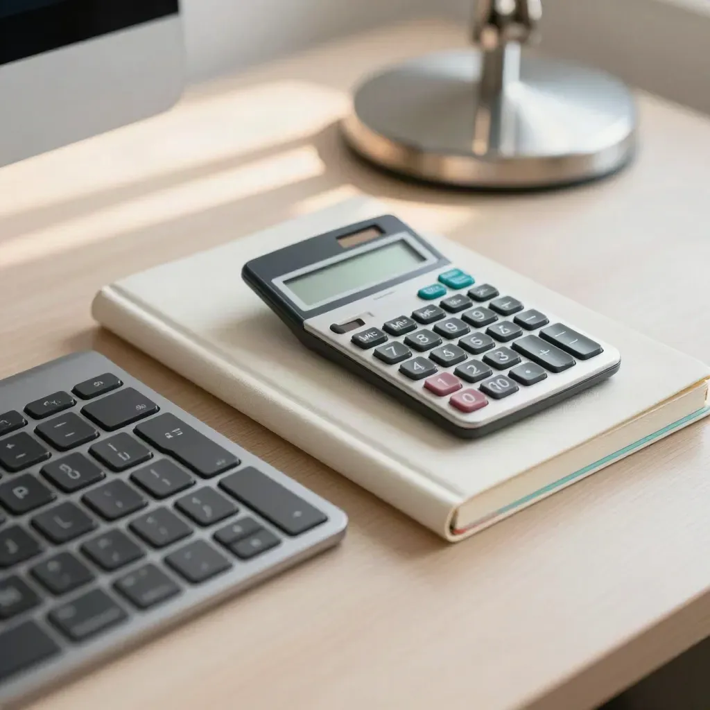 Macro overhead of a keyboard, notebook, calculator, and lamp base on pale wood