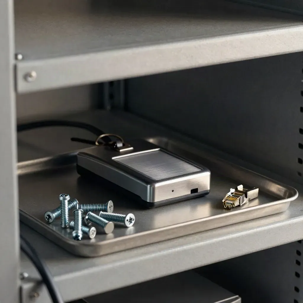 Server shelf still life with badge reader, key, screws, ethernet coupler, and blurred cables.