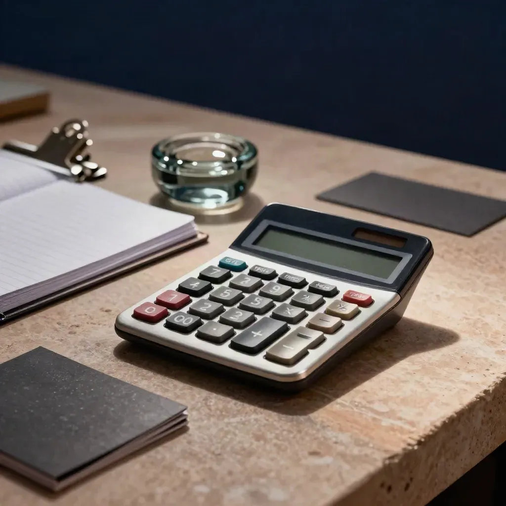 Calculator, ledger clip, paperweight and folded black card on warm stone in moody close-up