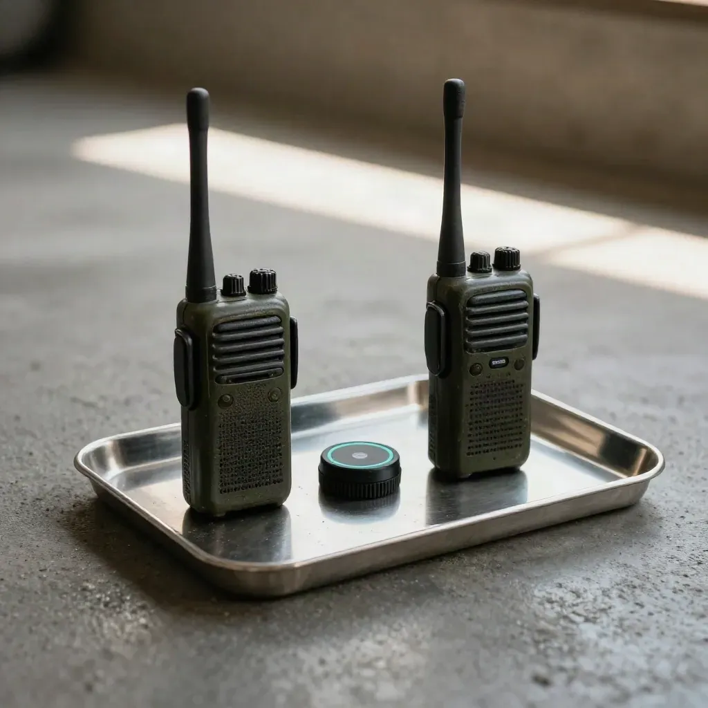 Two walkie radios and a relay puck on a metal tray over concrete