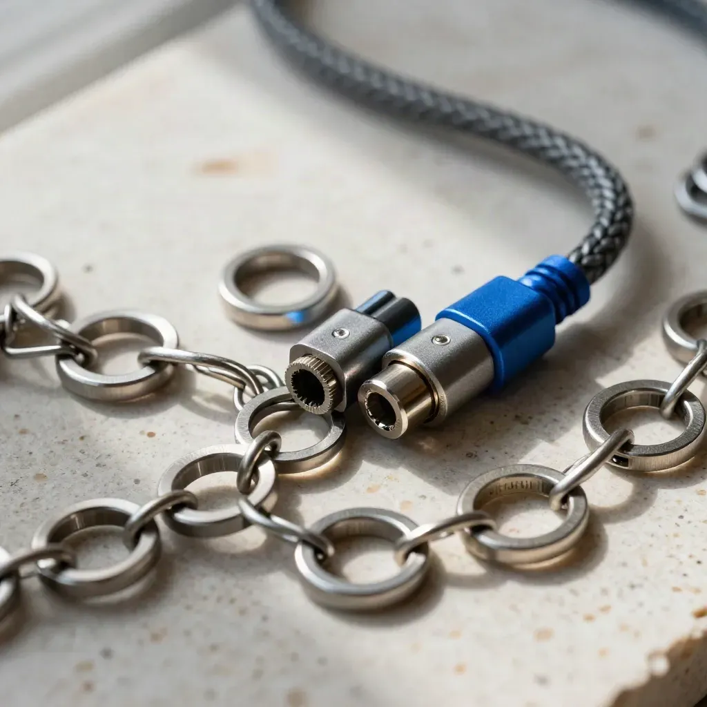 Steel rings and connector blocks on pale stone, shot straight down.