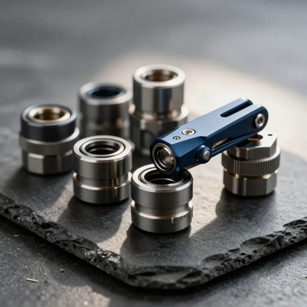 Premium still life of cable joints, O-rings, sensor collars and a precision clip on dark stone.