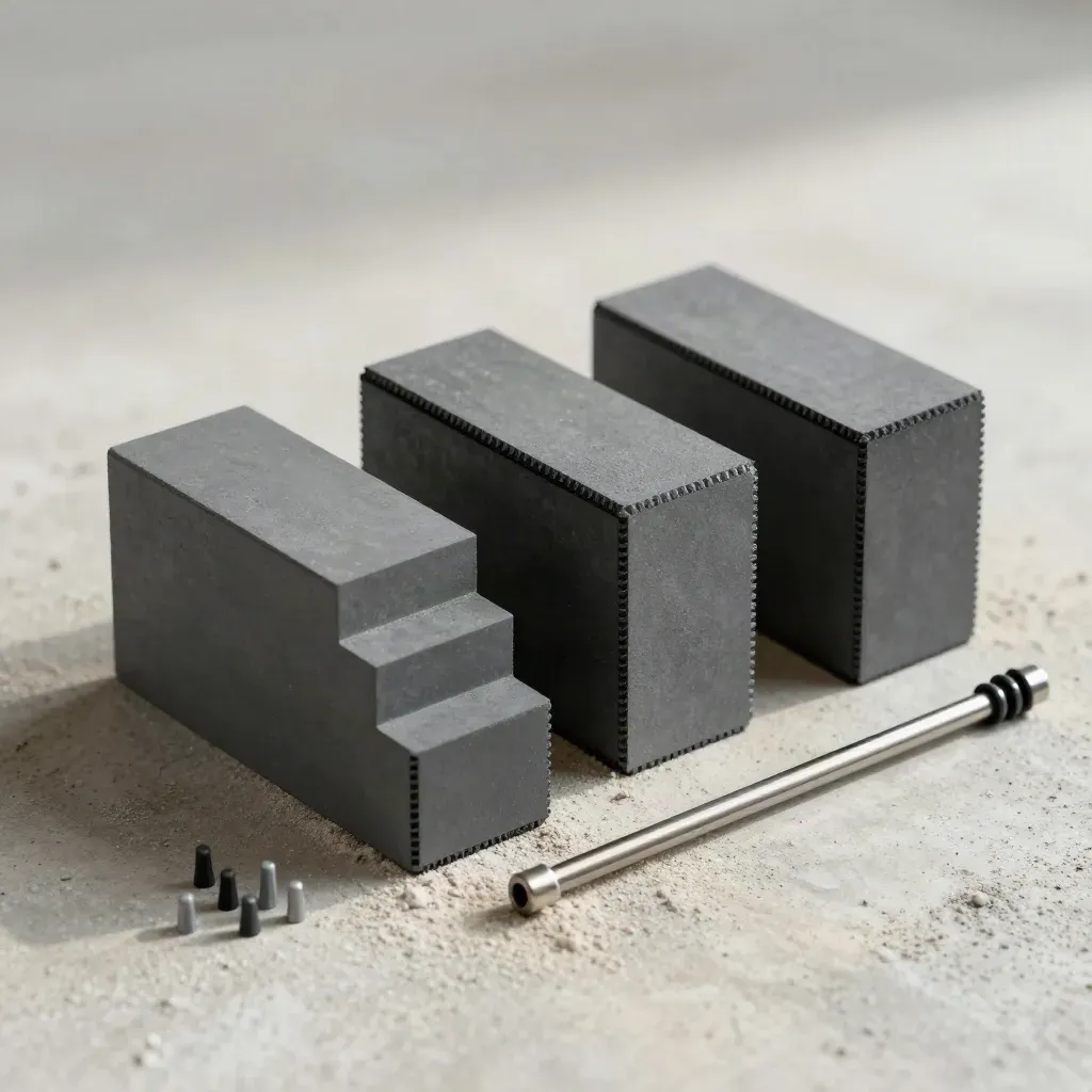 Graphite connector blocks and pins aligned on dusty warm concrete, lit by soft directional light.