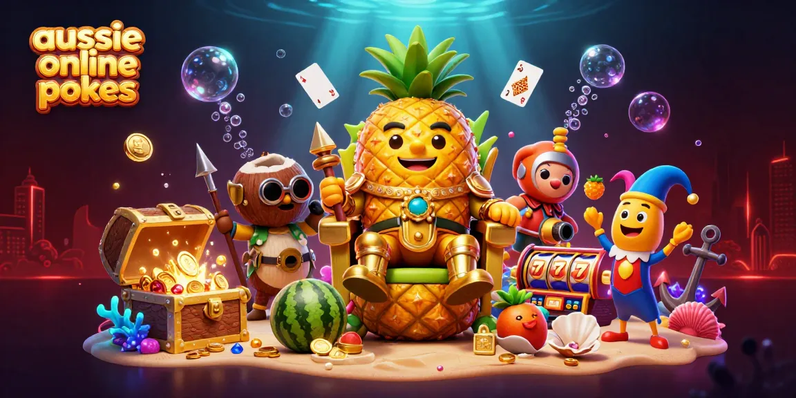Engage with the vibrant aussie online pokies scene featuring a golden pineapple king and colorful game elements.
