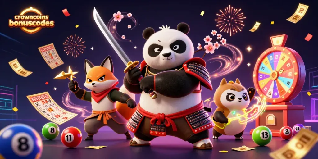 Crowncoinsbonuscodes showcases a dramatic scene with a samurai panda, ninja fox, and magical tanuki in a vibrant casino atmosphere.