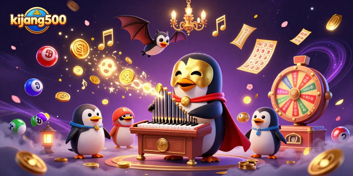 Gambaran dinamis dari karakter kijang500, penguin opera bermain organ dengan koin emas dan elemen lotere.