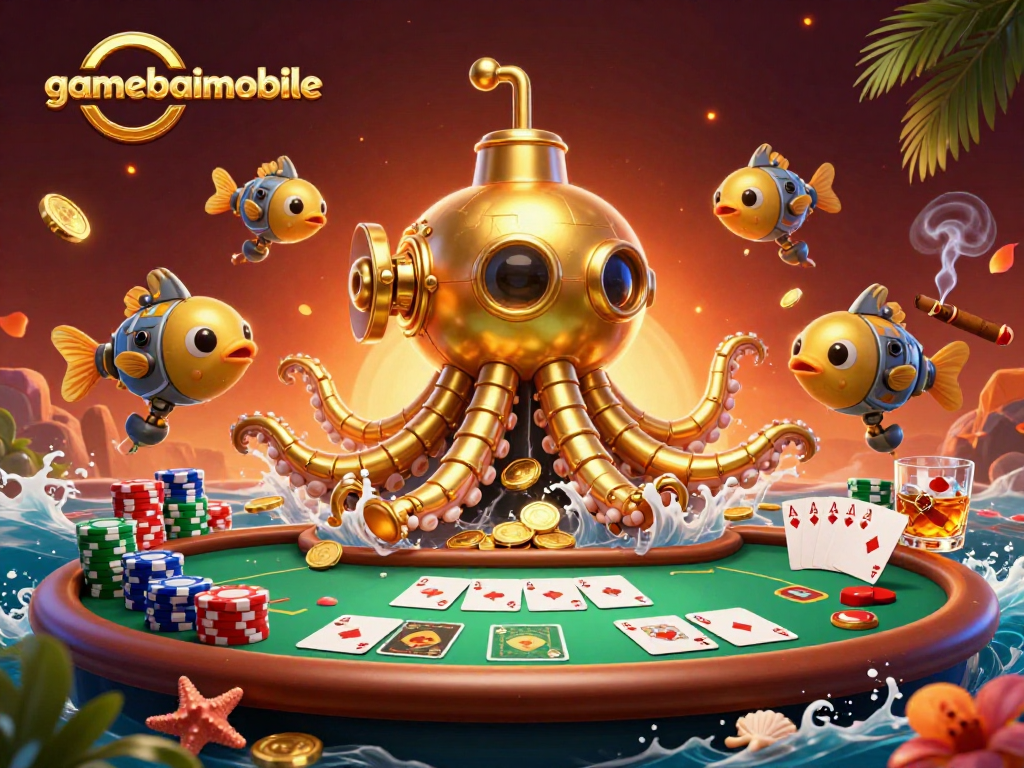 gamebaimobile showcases an epic 3D casino scene with a golden kraken submarine amidst poker elements.