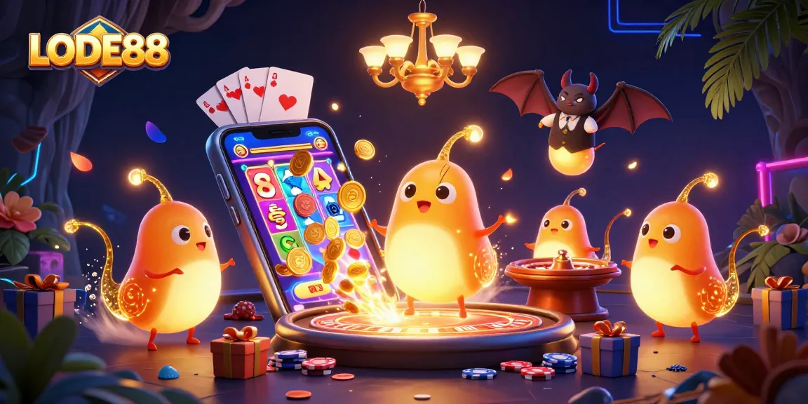 Engage with LODE88 and experience thrilling gameplay at this vibrant cave casino illustration.