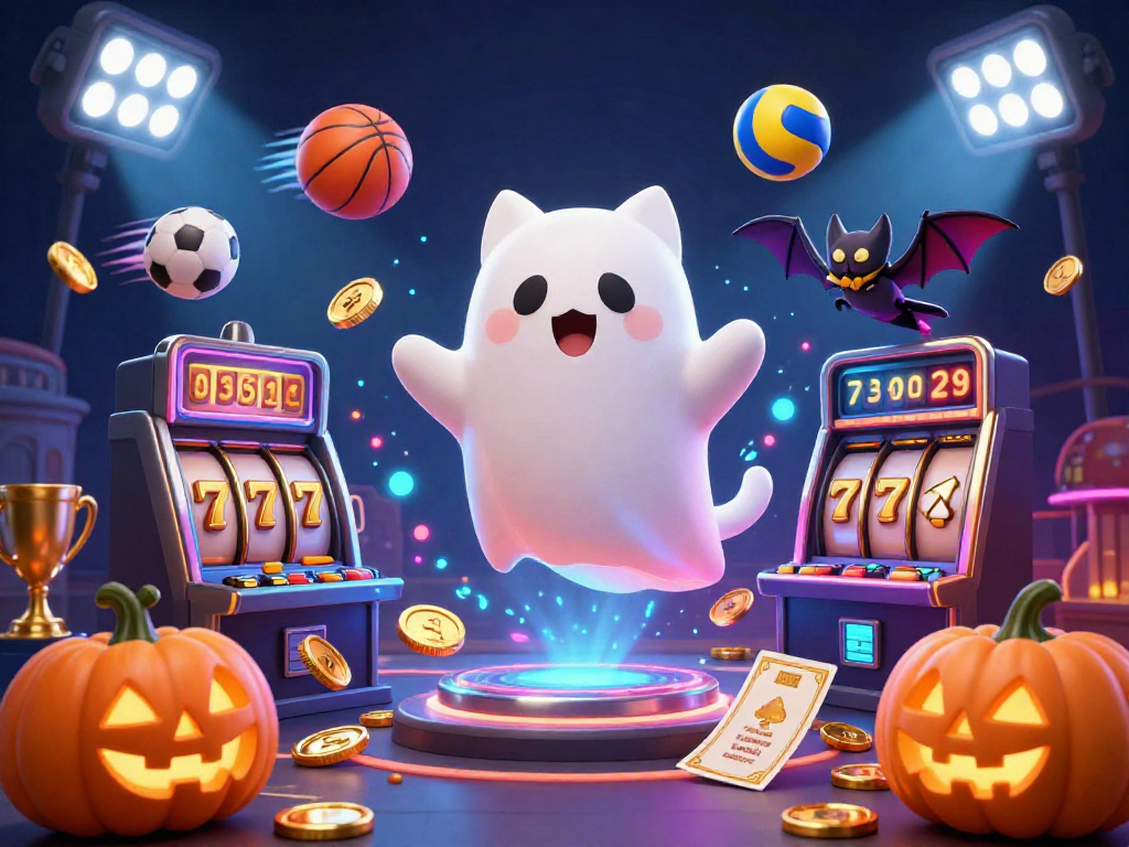 Engage in pipatoto slot action with a friendly ghost cat and a bat in a haunted casino live scene.