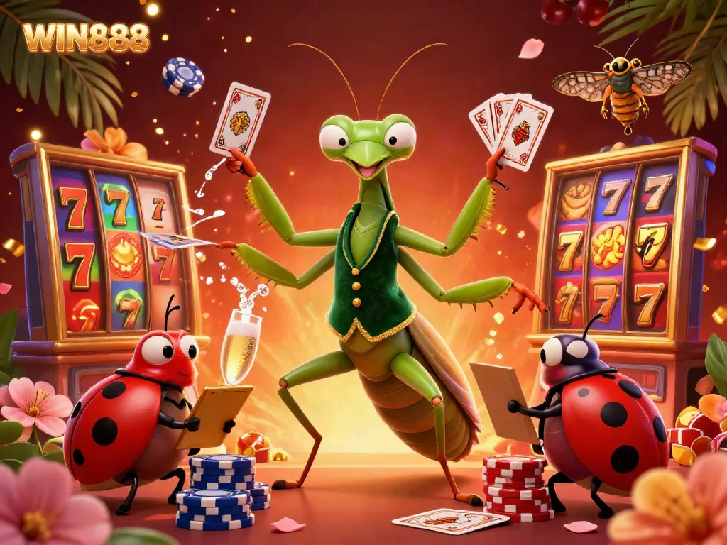 Experience WIN888 with vibrant slot reels and animated casino characters in a lively scene.
