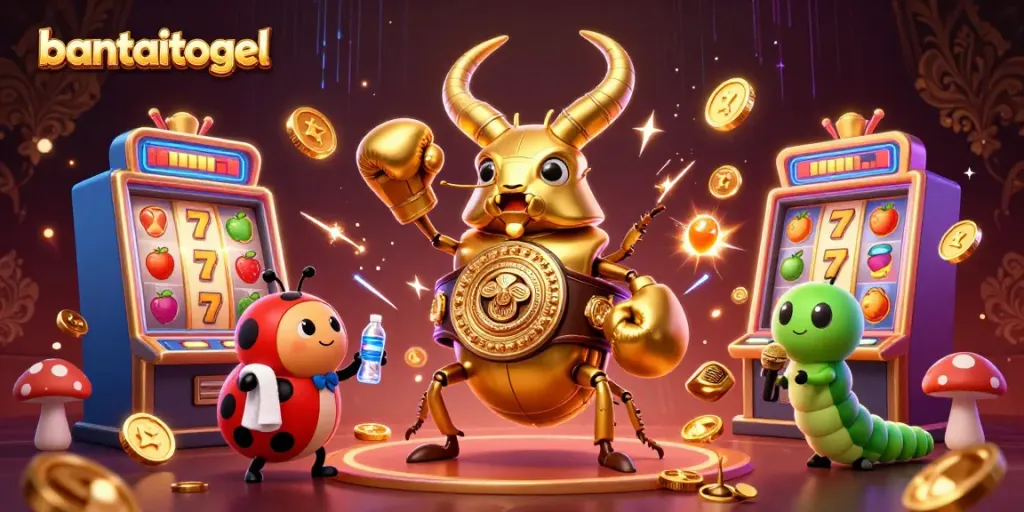 menggambar bantaitogel dalam suasana kasino yang meriah dengan karakter unik dan elemen permainan slot