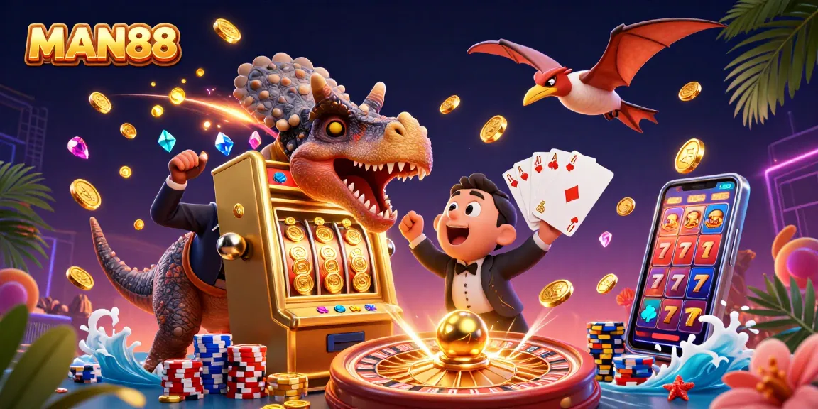 MAN88 casino scene features a dinosaur hitting a slot machine for a jackpot, with coins and cards flying
