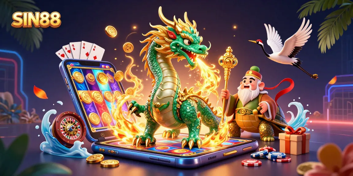 SIN88 showcases a vibrant, lively 3D casino illustration with dragons, turtles, and cranes amidst gaming elements.