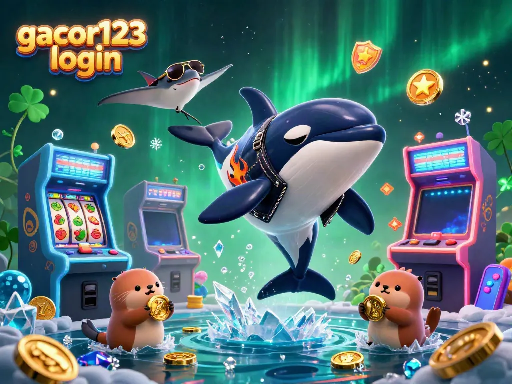 Experience the excitement with gacor123 login illustrated by a lively scene featuring an orca, stingray, and otters enjoying casino-themed elements.