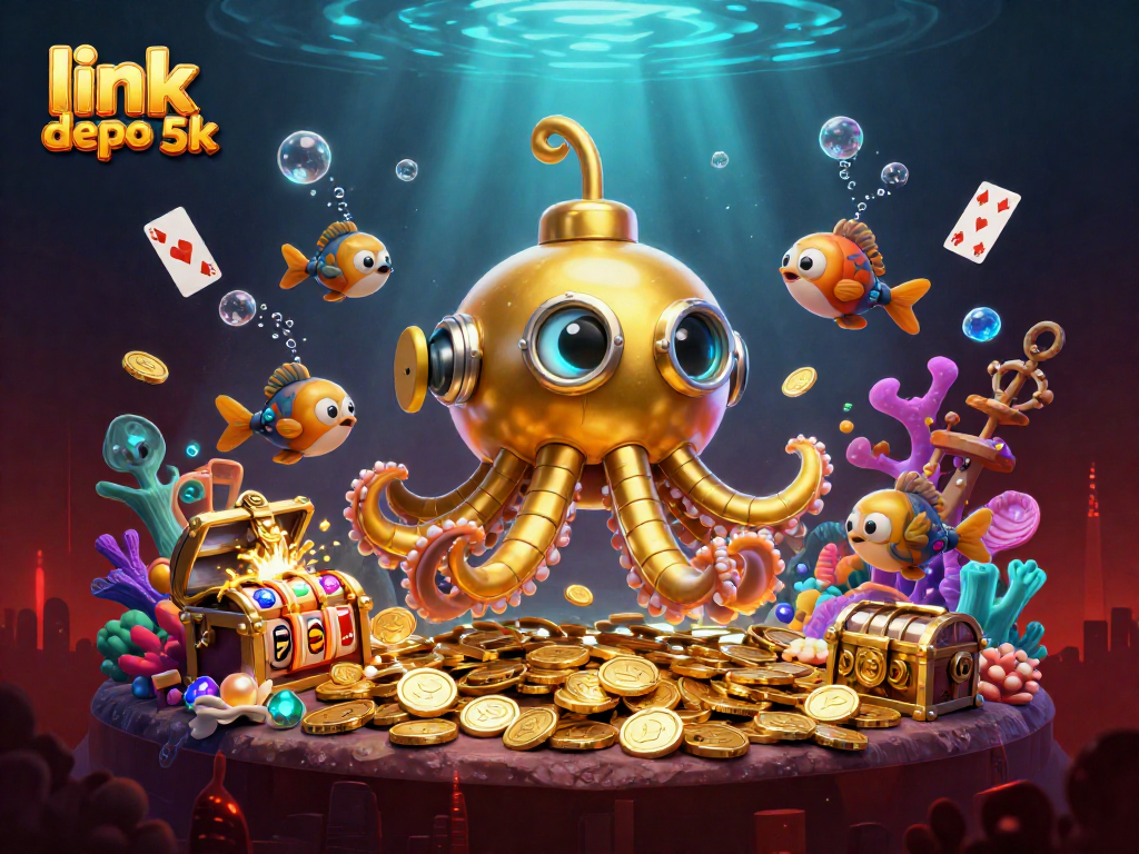 Experience exciting slots with link slot depo 5k, as animated characters celebrate amidst gems and treasure.