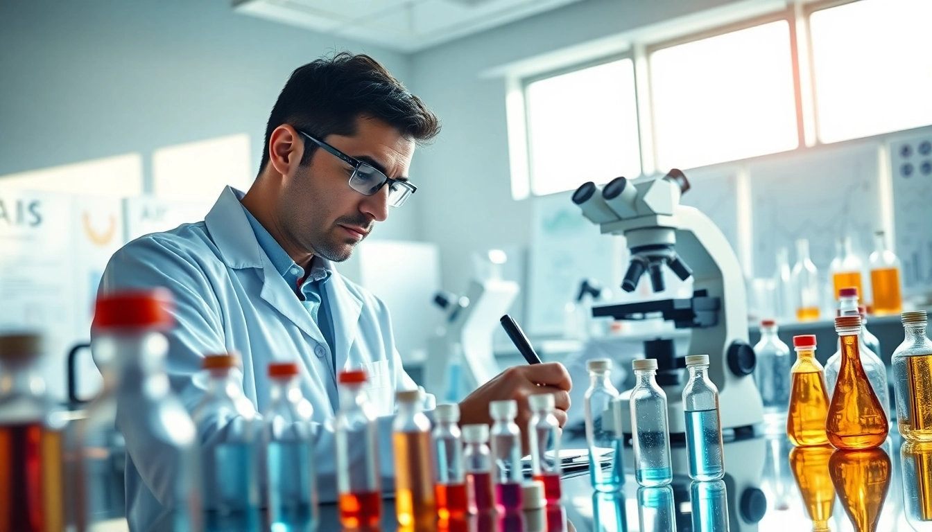 Research peptides displayed in a modern lab as a scientist conducts analysis.