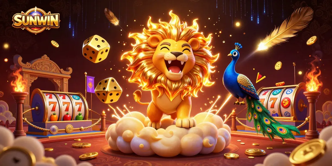 SUNWIN creates excitement with a roaring lion and golden dice amidst vibrant slot symbols and dynamic effects.