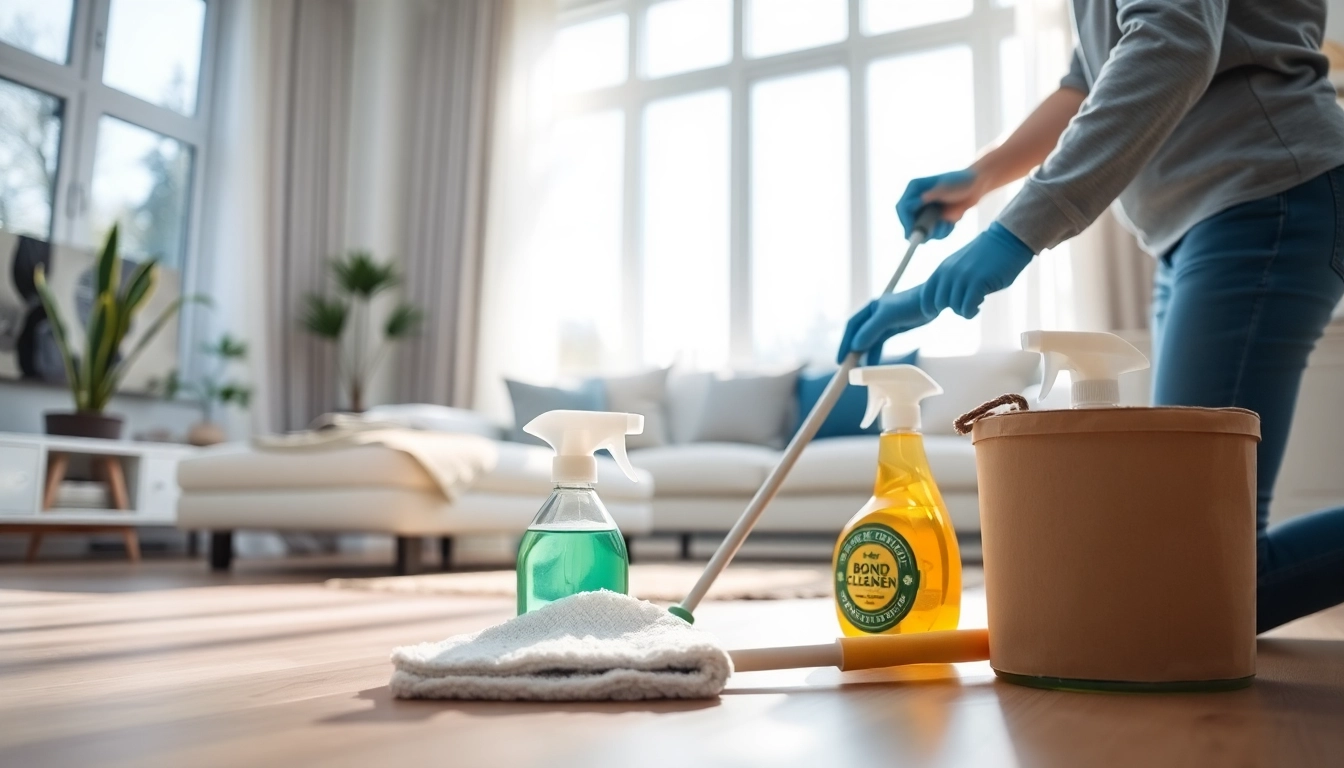 Bond cleaning Logan service showcasing a professional cleaner making a living room spotless.