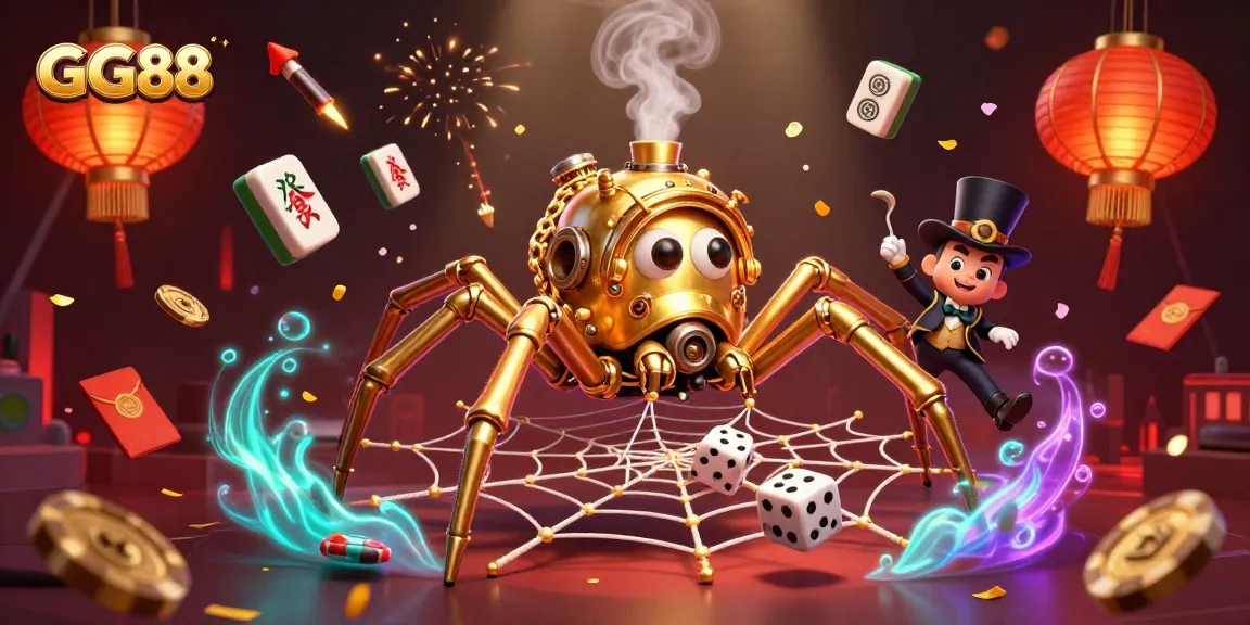 Experience the thrill of GG88 as a steampunk spider weaves a web of luck and fortune in an exciting casino scene.