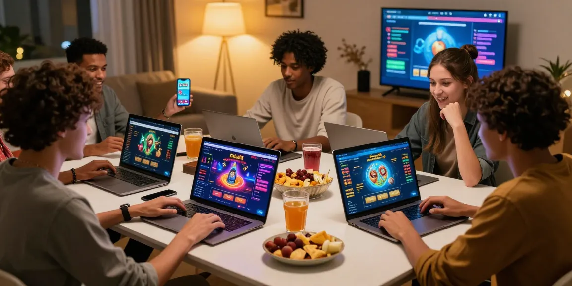 Bola88 gaming experience with friends enjoying vibrant online casino games in a lively atmosphere.