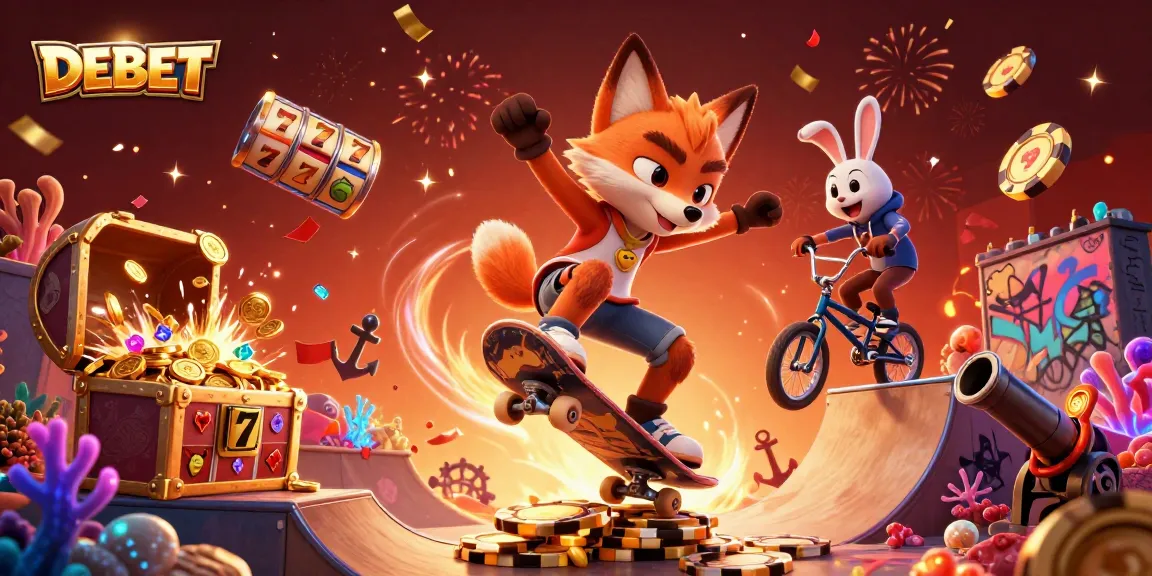 DEBET showcases lively gambling action with a skateboarder fox and BMX rabbit amidst casino-themed excitement.