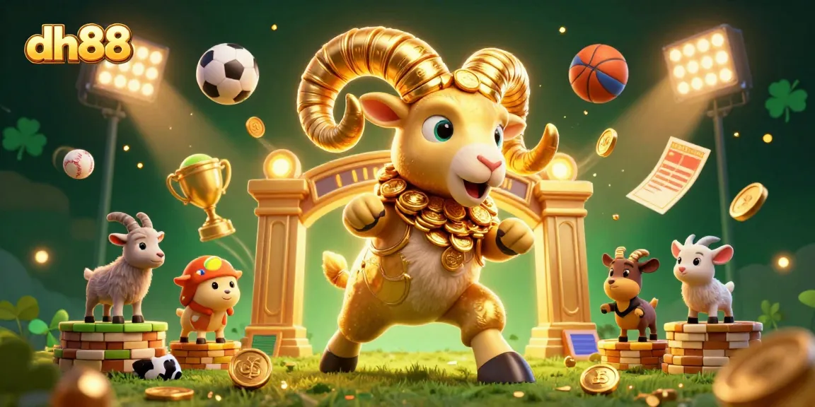 dh88 showcases a vibrant 3D scene with a golden ram at a casino, capturing the thrill of sports betting.