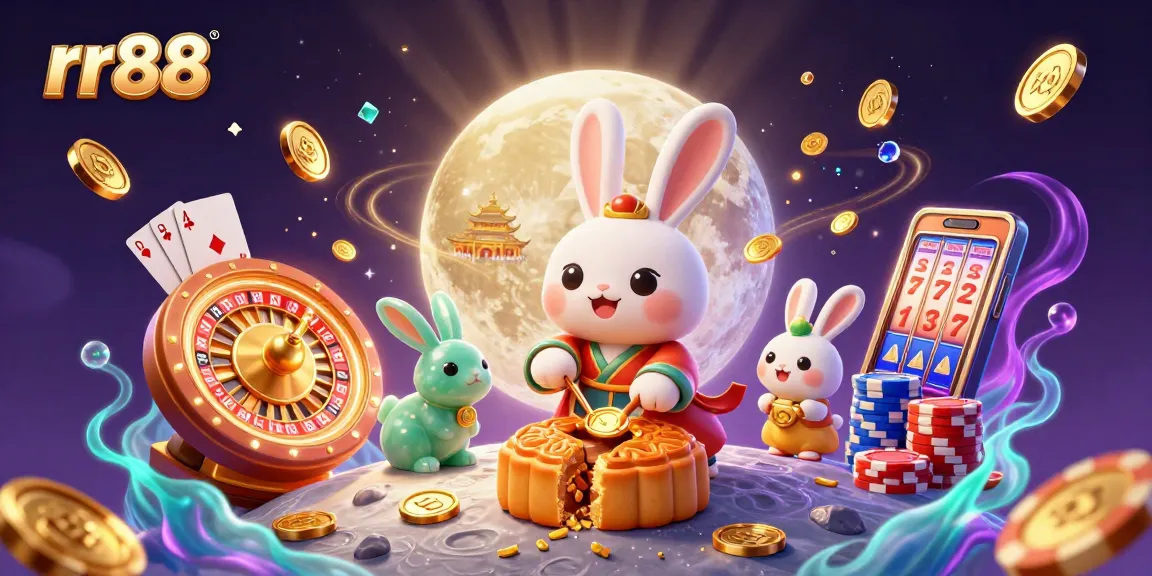 Engage in thrilling games at rr88, where moon rabbits reveal poker chips amidst rich casino elements.