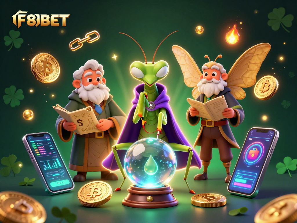 Engage with F8BET's vibrant gaming world featuring captivating characters and cryptocurrency elements.