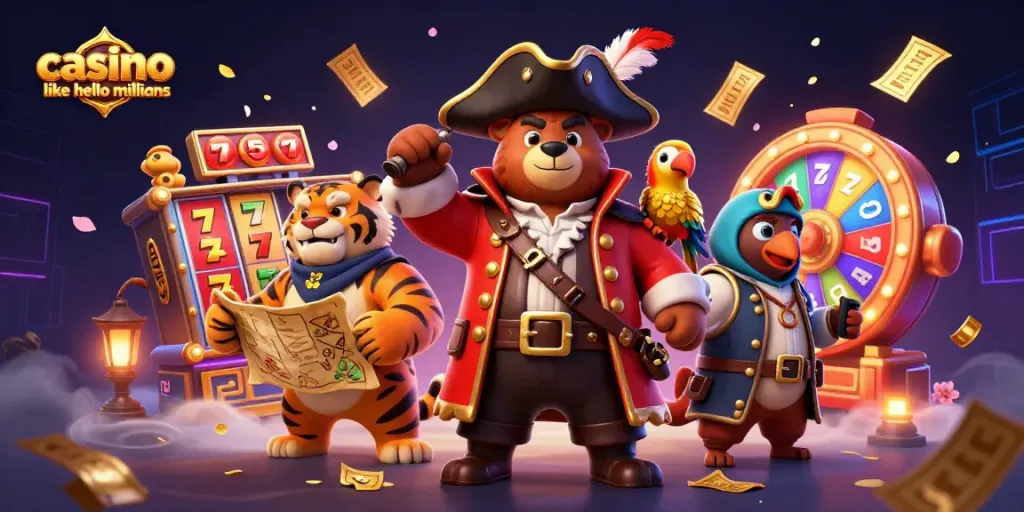 Spin and win with casino like hello millions in this vibrant 3D casino scene featuring a pirate bear and friends.